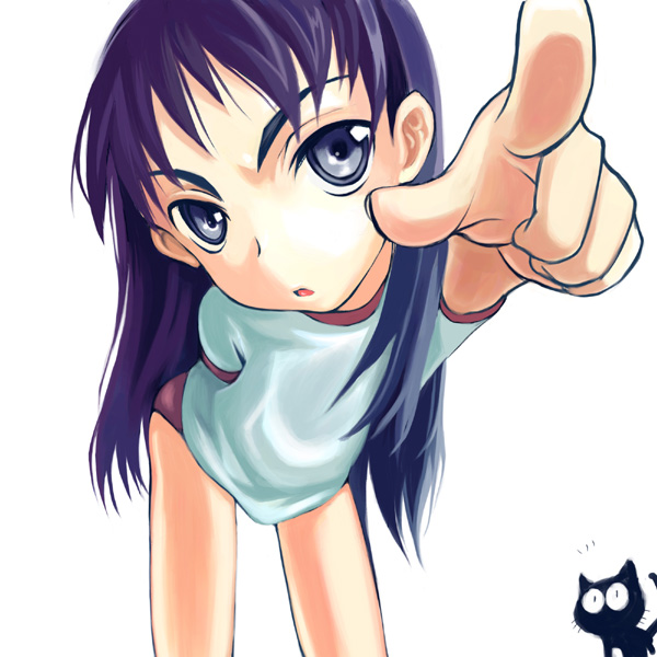 00s 1girl animal arm_behind_back artistic_error black_cat blue_eyes blue_hair buruma cat female_focus flcl gym_uniform long_hair looking_at_viewer matching_hair/eyes ninamori_eri open_mouth pointing pointing_at_viewer purple_hair red_buruma shirt sleeveless sleeveless_shirt solo takkun takkun_(flcl) white_background white_shirt