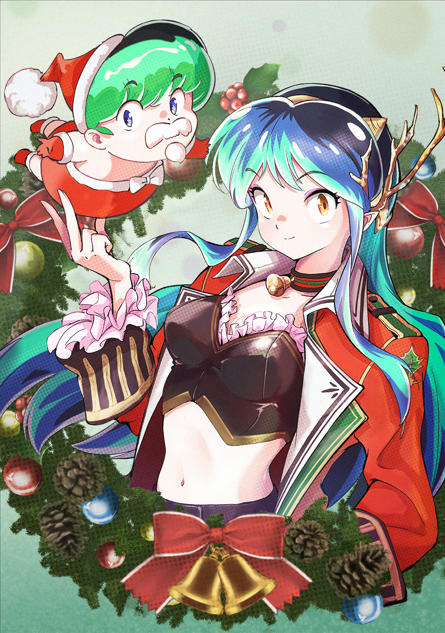 1boy 1girl arakan bell blue_eyes blue_hair breasts christmas christmas_wreath commentary_request crop_top fake_facial_hair fake_mustache frilled_sleeves frills green_hair hat highres jacket long_hair looking_at_viewer lum medium_breasts navel neck_bell open_clothes open_jacket orange_eyes pointy_ears santa_costume santa_hat smile ten_(urusei_yatsura) urusei_yatsura wreath