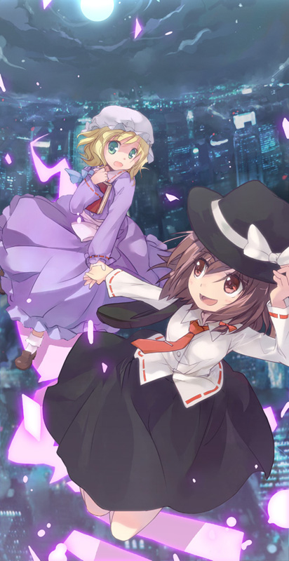 2girls blonde_hair blue_eyes book brown_hair changeability_of_strange_dream female_focus ghostly_field_club hat kurudaz maribel_hearn moon multiple_girls red_eyes ribbon short_hair touhou usami_renko