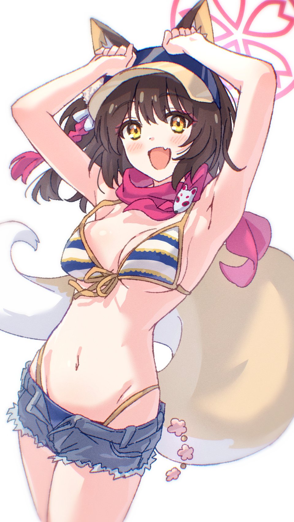 1girl animal_ears armpits arms_up bikini blue_archive breasts brown_hair denim denim_shorts fang fox_ears fox_girl fox_tail halo highleg highleg_bikini highres izuna_(blue_archive) izuna_(swimsuit)_(blue_archive) karahai_(31448823) looking_at_viewer medium_breasts micro_shorts navel official_alternate_costume open_mouth pink_halo pink_scarf red_scarf scarf short_hair shorts simple_background skin_fang smile solo stomach striped_bikini striped_clothes swimsuit tail visor_cap white_background yellow_eyes