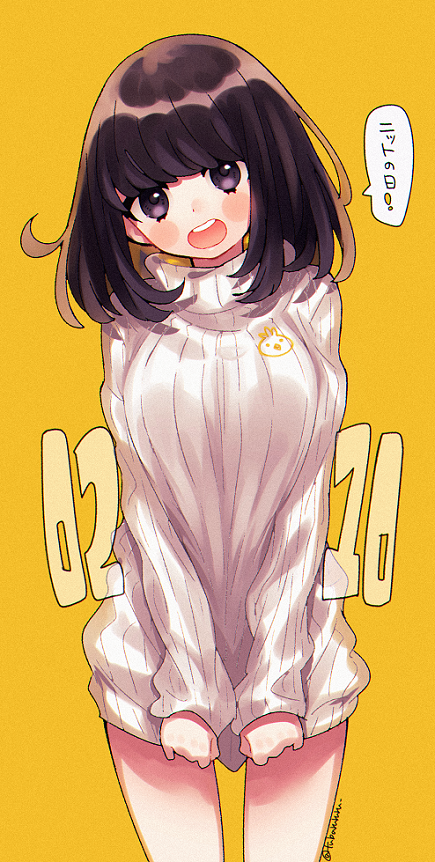 1girl bird_hoodie_girl_(tsubaki_tsubara) black_eyes black_hair blunt_bangs blush breasts chick_print cloth_pull looking_at_viewer medium_breasts medium_hair open_mouth orange_background original signature smile solo speech_bubble sweater tsubaki_tsubaru turtleneck turtleneck_sweater white_sweater