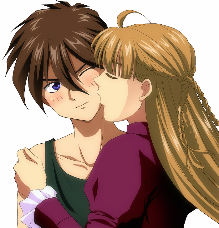 1boy 1girl arm_grab artist_request bad_id bad_pixiv_id blue_eyes blush braid brown_hair closed_eyes couple dress gundam gundam_wing head_tilt heero_yuy hetero hug kiss kissing_cheek light_brown_hair long_hair long_sleeves looking_at_another purple_dress relena_peacecraft serious short_hair simple_background white_background wince