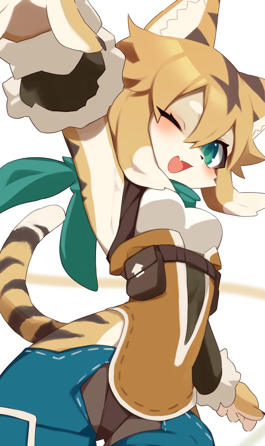 1girl 4rnoux :d animal_ears arm_up arm_warmers black_hair blonde_hair body_fur breasts chaps colored_tips fang furry furry_female green_eyes green_scarf highres hip_vent mia_(world_flipper) multicolored_hair one_eye_closed open_mouth scarf smile solo striped_fur tail tiger_ears tiger_girl tiger_tail white_hair world_flipper