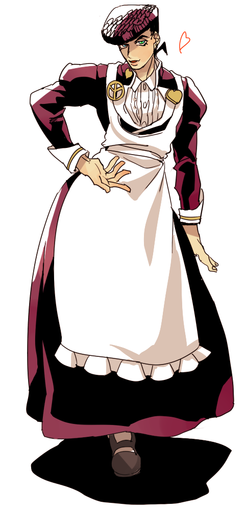 1boy alternate_costume apron blue_eyes crossdressing diamond_wa_kudakenai enmaided higashikata_josuke jojo_no_kimyou_na_bouken maid maid_apron michiru_(amphibian) pompadour purple_hair solo waist_apron white_background