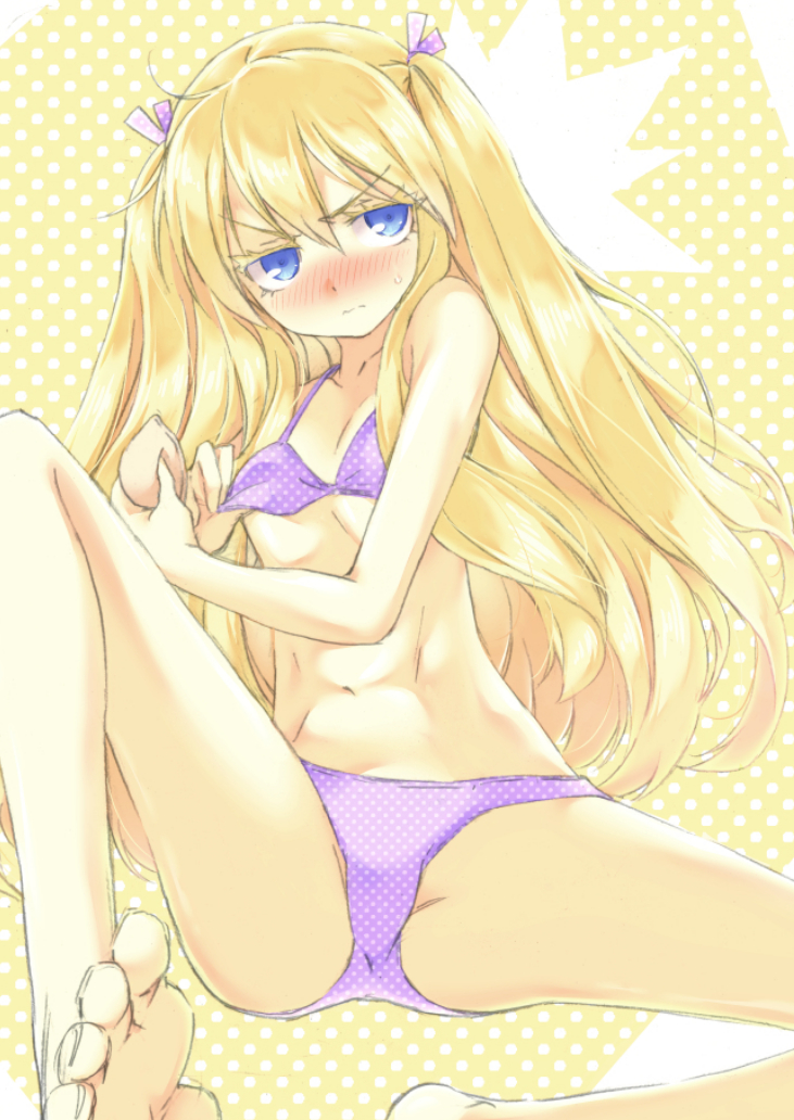 1girl barefoot bikini blonde_hair blue_eyes blush breast_padding feet female_focus genshiken hair_ribbon long_hair naruse_yasuhiro navel ribbon solo susanna_hopkins sweatdrop swimsuit