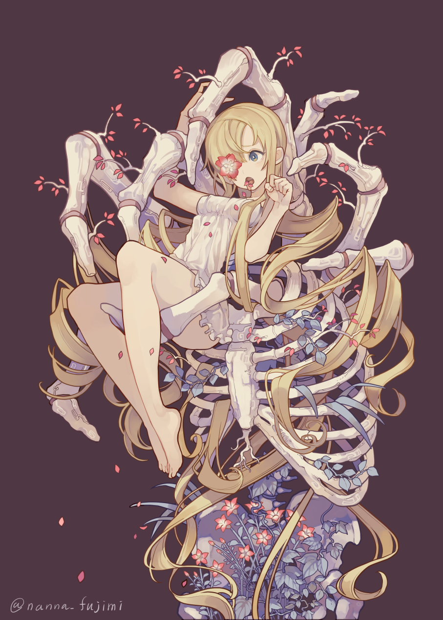 1girl :o abstract arms_up artist_name barefoot black_background blonde_hair blue_eyes breasts commentary_request dress flower flower_request fujimi_nanna full_body hair_over_one_eye highres long_hair open_mouth original paw_pose petals red_flower simple_background skeleton small_breasts twitter_username very_long_hair white_dress