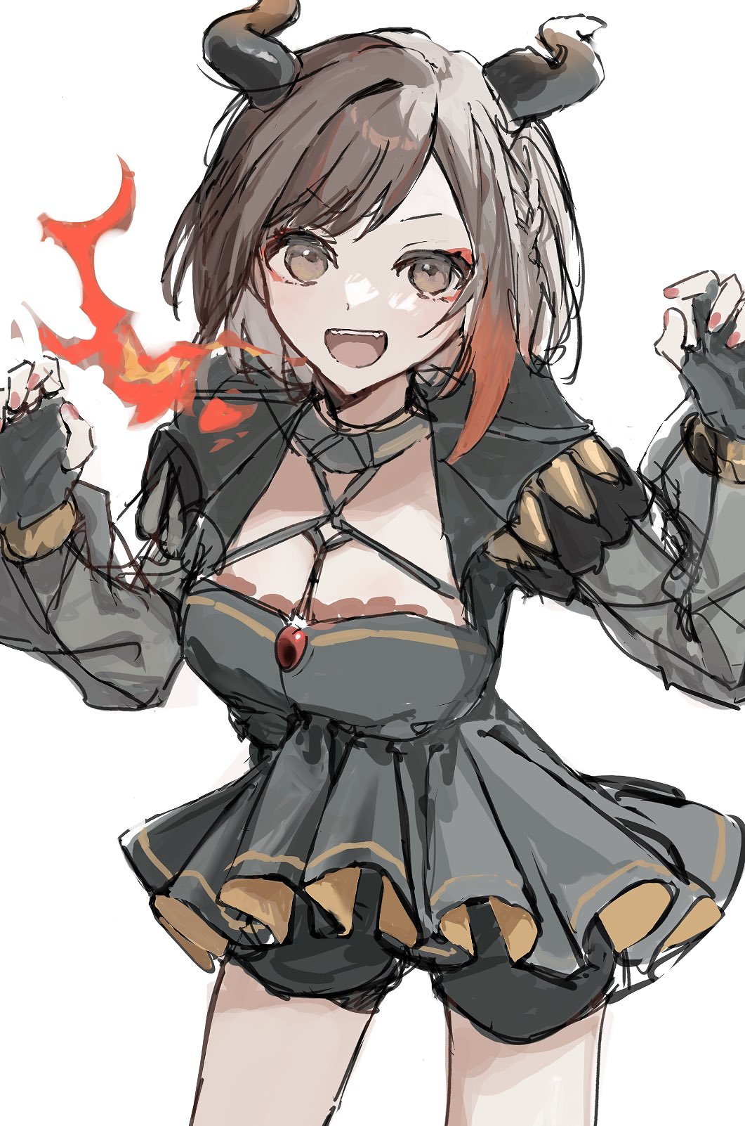 1girl :d bad_id bad_twitter_id black_dress black_gloves black_horns black_shorts brown_eyes brown_hair cowboy_shot demon_horns dress fire gloves hands_up highres horns long_sleeves looking_at_viewer multicolored_hair nanashiro_(7_shiro_) open_mouth project_sekai red_hair shinonome_ena short_hair shorts simple_background smile solo standing streaked_hair white_background