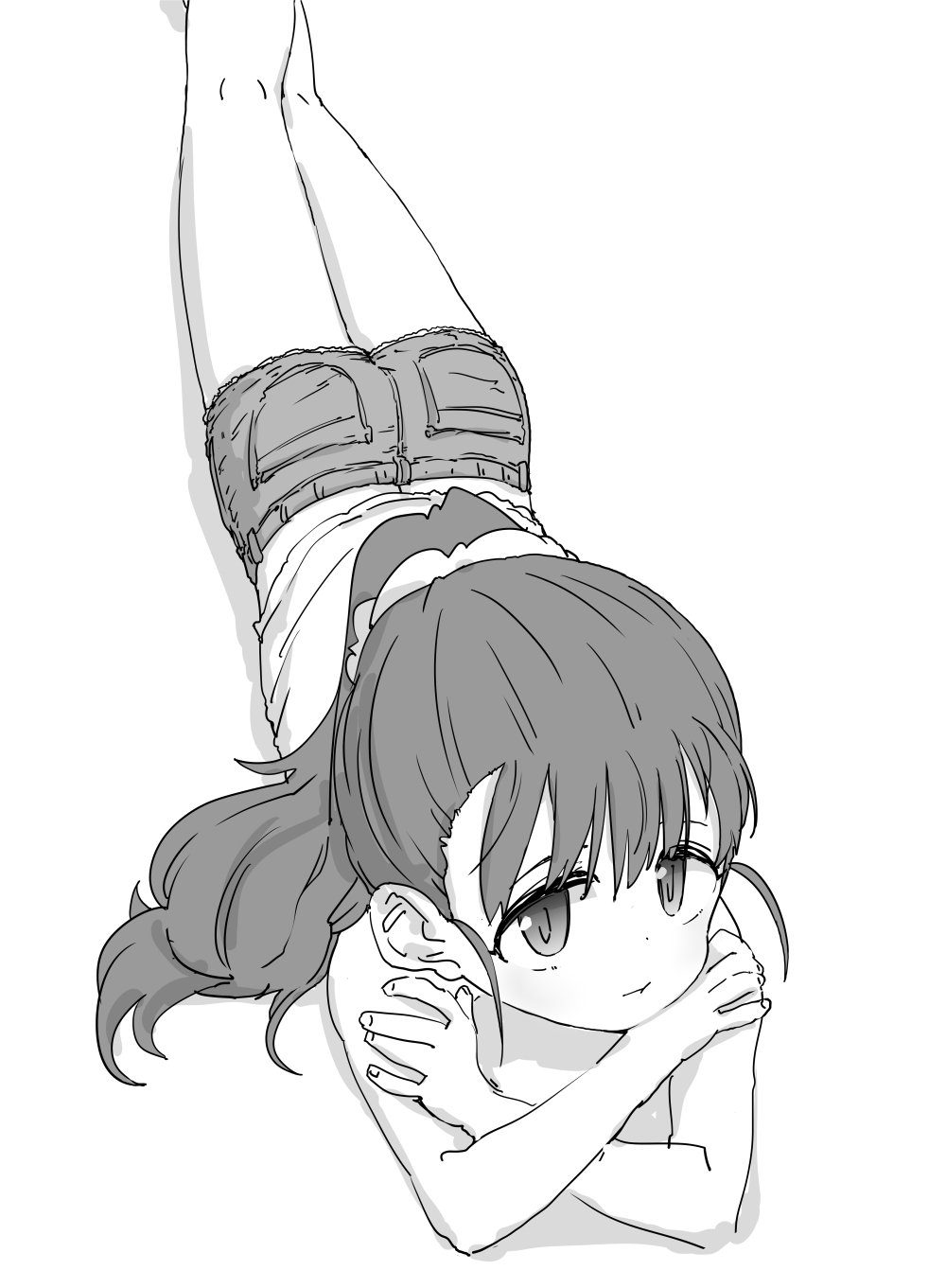 1girl bare_legs blush crossed_arms denim denim_shorts feet_out_of_frame fukuyama_mai greyscale highres idolmaster idolmaster_cinderella_girls kneepits long_hair looking_at_viewer lying monochrome nishino_hikoji on_stomach ponytail shorts simple_background solo white_background