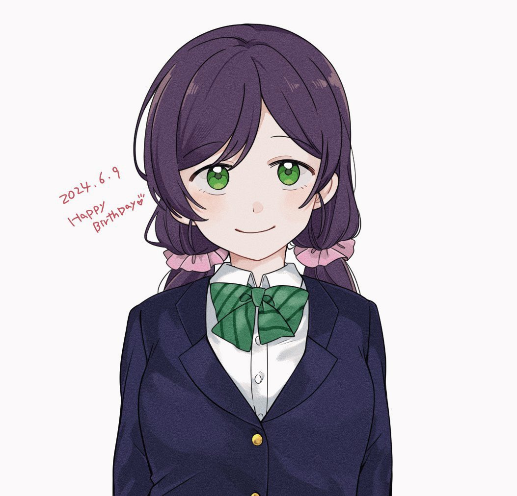 1girl arms_at_sides blue_jacket bow bowtie buttons closed_mouth green_bow green_bowtie green_eyes hair_ornament hair_scrunchie happy_birthday jacket light_smile love_live! low_twintails pink_scrunchie purple_hair scrunchie shirokuma_(reirako-reirako) shirt simple_background solo striped_bow striped_bowtie striped_clothes swept_bangs tojo_nozomi twintails upper_body white_background white_shirt