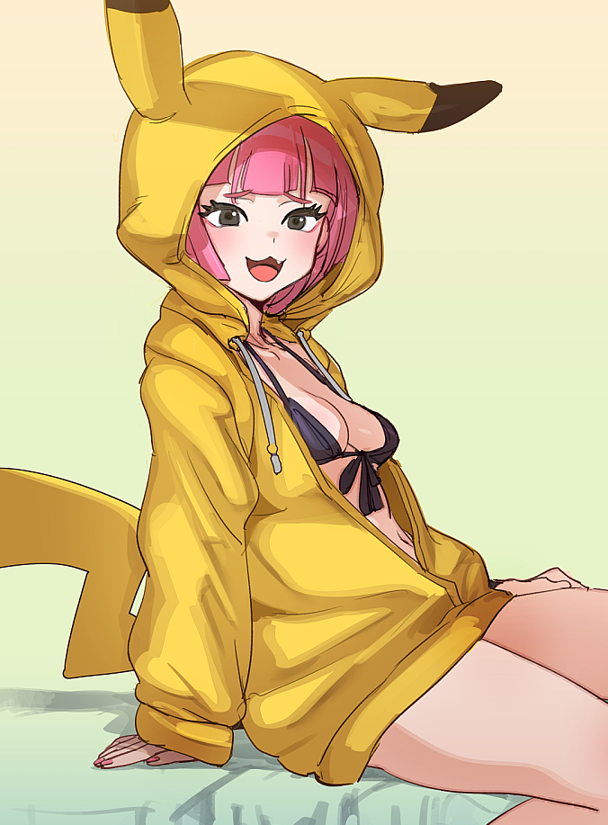 1girl bikini black_bikini black_eyes bow_(bhp) breasts commentary_request coral_(pokemon) creatures_(company) game_freak gradient_background green_background jacket medium_breasts navel nintendo open_mouth pikachu_costume pink_hair pokemon pokemon_(anime) pokemon_horizons sitting smile solo swimsuit thighs yellow_jacket