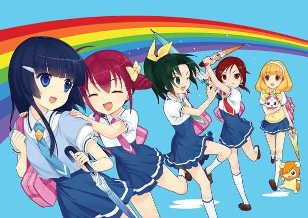 10s 5girls aoki_reika bag blonde_hair blue_background blue_eyes blue_hair blue_necktie candy_(smile_precure!) closed_umbrella green_eyes green_hair hairband hino_akane_(smile_precure!) hoshizora_miyuki kise_yayoi long_hair midorikawa_nao multiple_girls natsuhiko necktie pink_eyes pink_hair pink_necktie pop_(smile_precure!) precure rainbow red_eyes red_hair school_uniform short_hair skirt smile_precure! umbrella white_hairband yellow_eyes