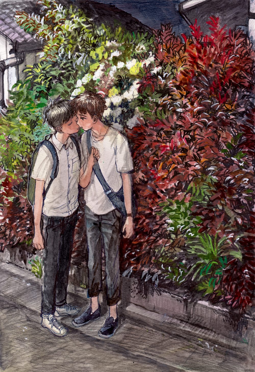 2boys highres imminent_kiss male_focus minahamu multiple_boys school_uniform yaoi