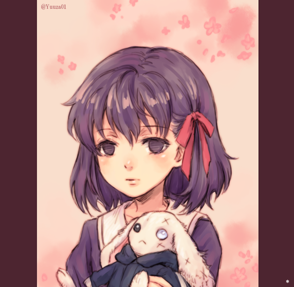 1girl commentary_request empty_eyes fate/zero fate_(series) hair_ribbon holding holding_stuffed_toy matou_sakura matou_sakura_(fate/zero) pillarboxed purple_eyes purple_hair ribbon solo stuffed_animal stuffed_rabbit stuffed_toy upper_body yuuza_(yuuza01)