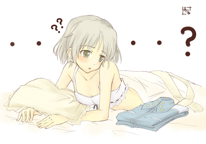 00s 1girl ? bed blush bra clothes female_focus green_eyes hanyu lingerie lying military military_uniform on_stomach pantyhose pillow sanya_v._litvyak short_hair signature silver_hair simple_background solo strike_witches under_covers underwear unworn_pantyhose white_pantyhose world_witches_series