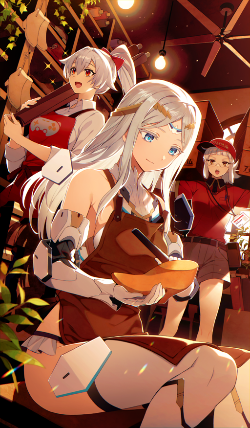 3girls apron bare_shoulders blue_eyes bow box collarbone fate/grand_order fate_(series) galatea_(artisanal_soul)_(fate) galatea_(fate) glasses grey_hair grey_shorts hair_between_eyes hair_bow holding holding_box holding_shoes id_card joints lanyard light_smile long_hair meiji_ken multiple_girls official_alternate_costume official_art parted_bangs penthesilea_(amazones_ceo)_(fate) penthesilea_(artisanal_soul)_(fate) penthesilea_(fate) ponytail red_apron red_bow red_eyes red_shirt robot_joints shirt shoes shorts sitting smile textless_version tomoe_gozen_(artisanal_soul)_(fate) tomoe_gozen_(fate) white_shirt