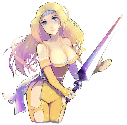 1990s_(style) 1girl bare_shoulders blonde_hair blue_eyes breast_clinging breasts catsuit celes_chere cleavage detached_sleeves female_focus final_fantasy final_fantasy_vi headband long_hair lowres miso_katsu sash solo sword weapon white_background