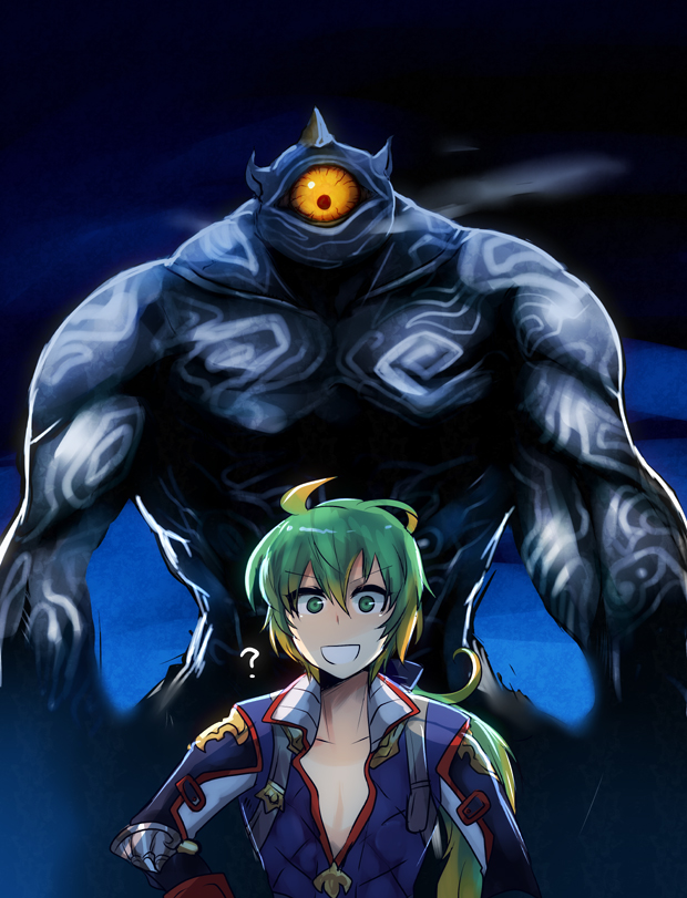 1boy 1other :d ? ahoge blonde_hair blue_shirt commentary_request cyclops emon-yu gloves gradient_hair granblue_fantasy green_eyes green_hair hair_between_eyes long_hair looking_at_viewer meteon_(granblue_fantasy) monster multicolored_hair one-eyed open_mouth ponytail red_gloves shirt smile upper_body