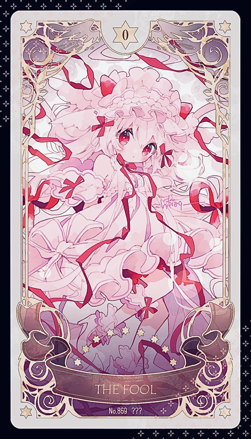 1girl ahoge alcremie bow card_(medium) creatures_(company) dress food food-themed_hair_ornament fruit game_freak gen_8_pokemon hair_ornament hairband head_wings hibi89 highres lolita_hairband long_sleeves looking_at_viewer nintendo personification pokedex_number pokemon red_bow red_eyes red_ribbon ribbon signature solo star_(symbol) strawberry strawberry_hair_ornament tarot tarot_(medium) the_fool_(tarot) watermark white_dress white_hair white_hairband wings