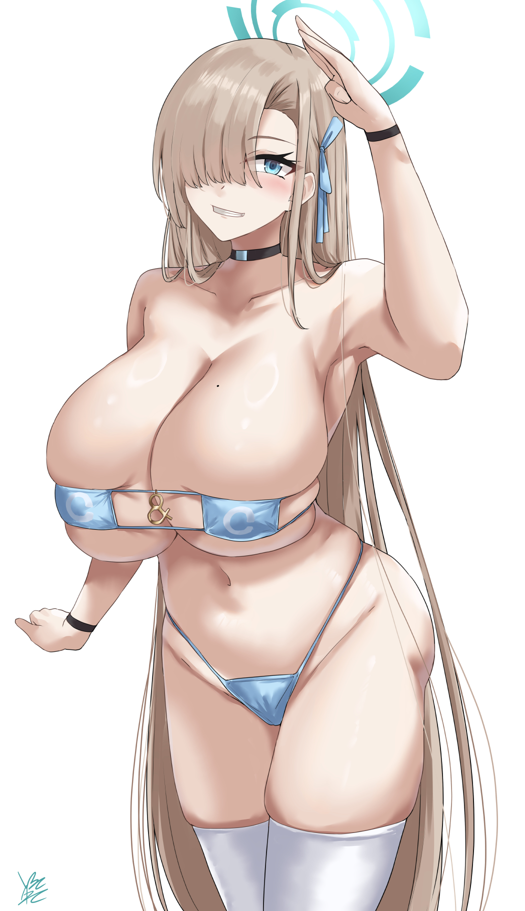 1girl asuna_(blue_archive) bare_shoulders bikini blue_archive blue_bikini blue_eyes blue_ribbon blush breasts choker cleavage collarbone eyepatch_bikini grin hair_over_one_eye hair_ribbon halo highleg highleg_bikini highres ibara_azuki large_breasts light_brown_hair long_hair looking_at_viewer navel ribbon skindentation smile solo swimsuit thighhighs thighs very_long_hair white_thighhighs