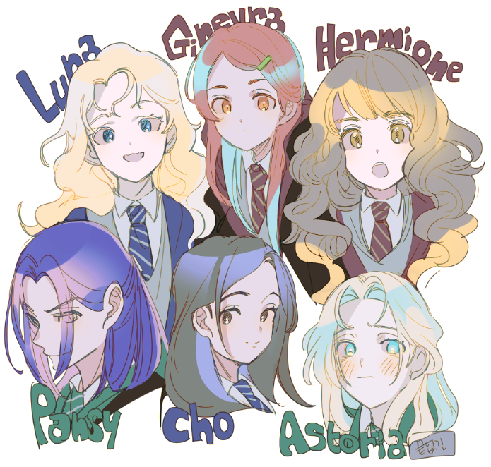 6+girls astoria_greengrass blonde_hair blue_eyes blue_hair blush cho_chang closed_mouth commentary_request ginny_weasley green_eyes gryffindor harry_potter_(series) hermione_granger hogwarts_school_uniform korean_commentary long_hair looking_at_viewer luna_lovegood multiple_girls necktie open_mouth pansy_parkinson ravenclaw school_uniform senzzang sidelocks simple_background slytherin smile straight_hair upper_body wavy_hair white_background wizarding_world