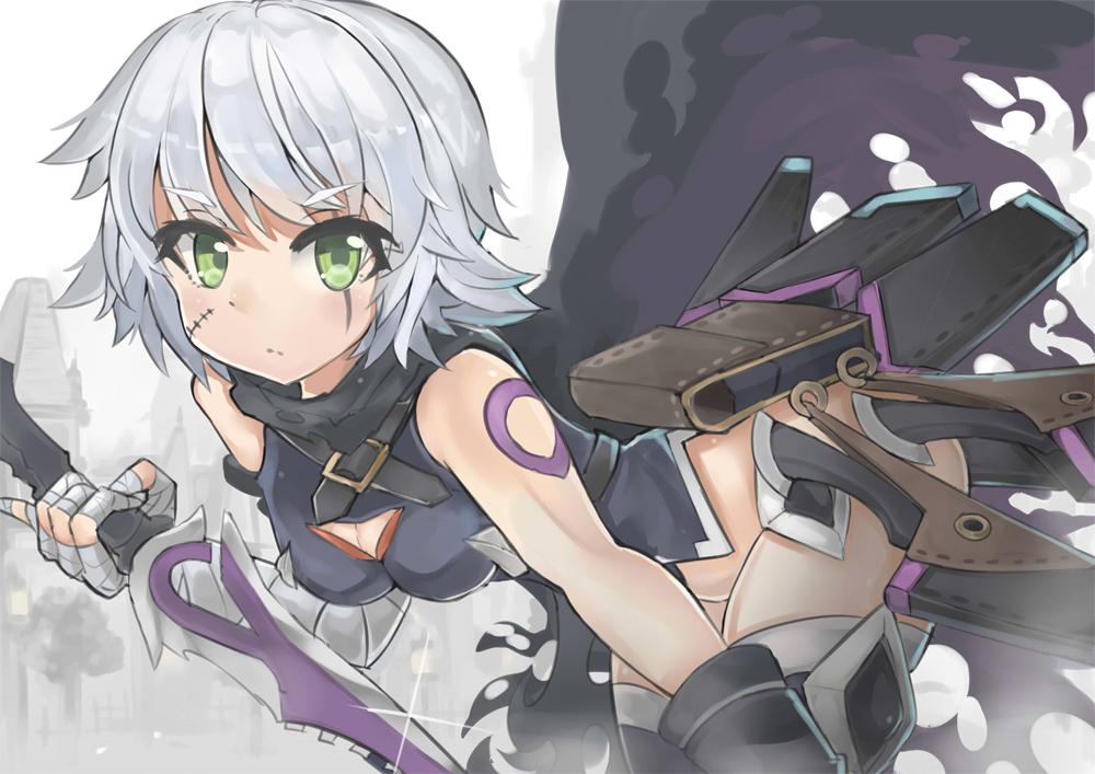 1girl bandaged_arm bandages bare_shoulders black_panties black_thighhighs breasts cleavage fate/apocrypha fate/grand_order fate_(series) female_focus gloves green_eyes jack_the_ripper_(fate/apocrypha) looking_at_viewer panties scar short_hair silver_hair small_breasts solo thighhighs underwear weapon xly_97