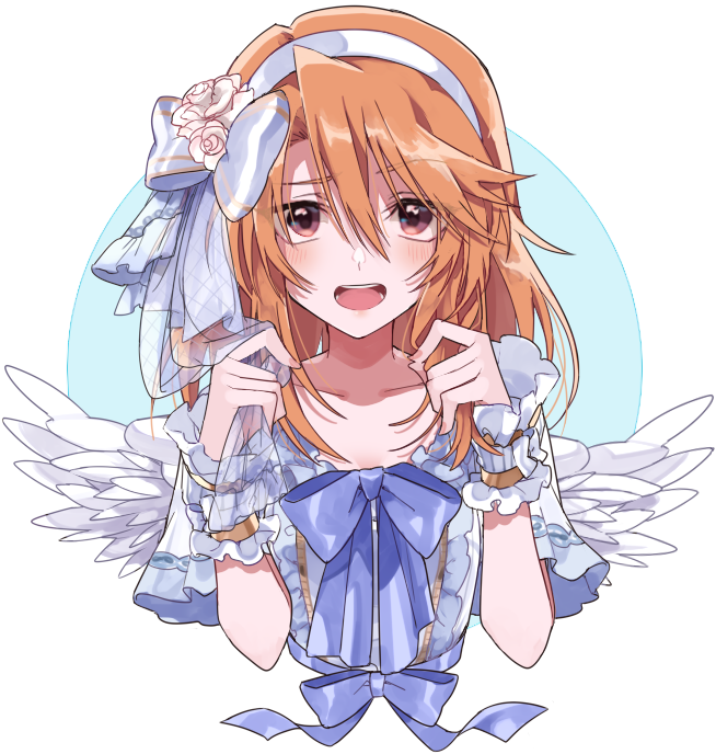 1girl blue_ribbon blush collarbone commentary cropped_torso feathered_wings hair_between_eyes hairband idolmaster idolmaster_cinderella_girls looking_at_viewer mochino neck_ribbon orange_hair ribbon shirt simple_background solo upper_body white_hairband white_shirt white_wings wings wrist_cuffs yuuki_haru