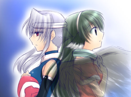 2girls animal_ears aquaplus black_eyes black_wings breasts closed_mouth collar eyes_visible_through_hair feathered_wings from_side green_hair headband large_wings long_hair lowres medium_breasts mikoto_(utawarerumono) multiple_girls mutsumi_(utawarerumono) nose red_eyes short_sleeves sidelocks silver_hair sleeveless tsukirin upper_body utawarerumono wings