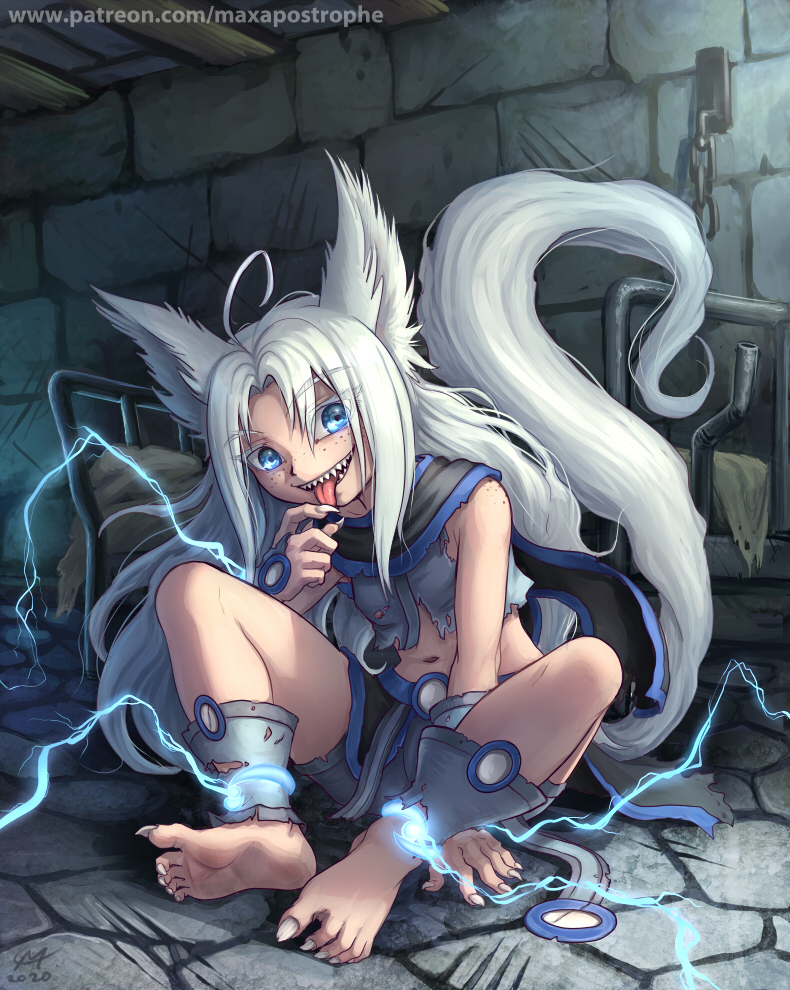 1girl 2020 ahoge animal_ears anklet bare_shoulders barefoot blue_eyes breasts collarbone commentary commission dirty electricity english_commentary evil_smile falsetto_(voleno) feral_child fingernails fox_ears fox_girl fox_tail freckles hand_on_floor jewelry long_tail long_toenails magic maxa&#039; medieval midriff navel on_floor original pale_skin prison_cell scratches sharp_fingernails sharp_teeth sharp_toenails signature sitting small_breasts smile soles solo stone_floor stone_wall tail teeth toenails tongue tongue_out torn_clothes white_fur white_hair wiggling_toes