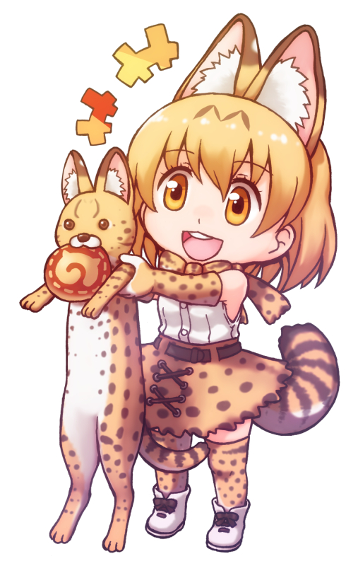 10s 1girl acea4 animal_ears animalization blonde_hair border creature_and_personification cross-laced_clothes dress dual_persona elbow_gloves food full_body gloves high-waist_skirt japari_bun kemono_friends longcat_(meme) meme mouth_hold open_mouth personification polka_dot polka_dot_legwear serval serval_(kemono_friends) serval_print serval_tail skirt sleeveless striped_tail tail teeth thighhighs upper_teeth_only yellow_border yellow_eyes