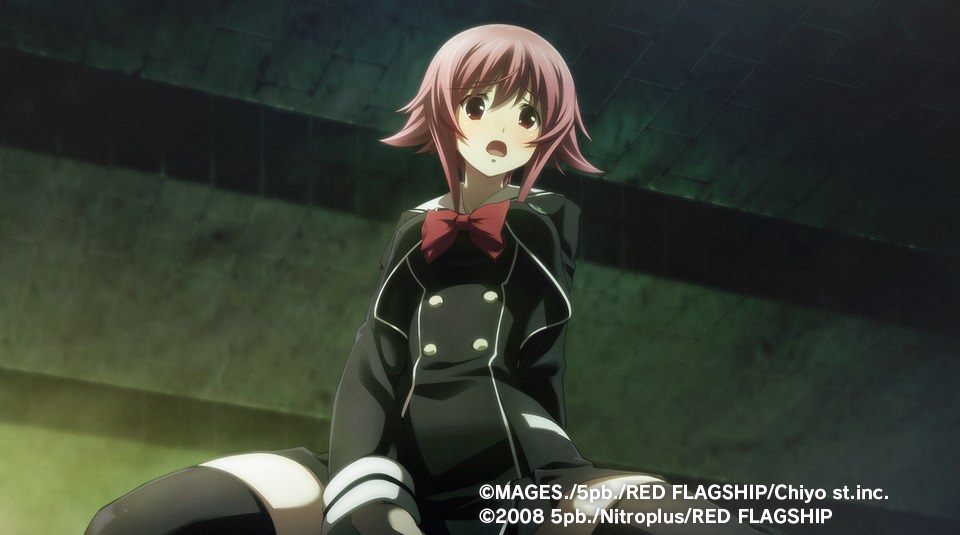 1girl between_legs black_dress black_thighhighs breasts chaos;child dress dress_shirt hair_between_eyes hand_between_legs looking_at_viewer medium_breasts official_art onoe_serika open_mouth red_eyes red_hair sasaki_mutsumi school_uniform shirt short_hair sidelocks sitting solo solo_focus spread_legs surprised thick_thighs thigh_strap thighhighs thighs