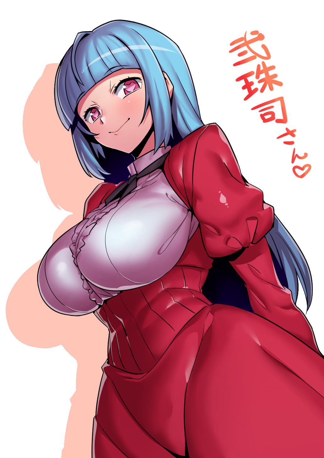 1girl blue_hair blunt_bangs breasts closed_mouth dress futatama_tsukasa highres indie_virtual_youtuber large_breasts long_hair looking_at_viewer red_eyes smile solo tukiwani virtual_youtuber