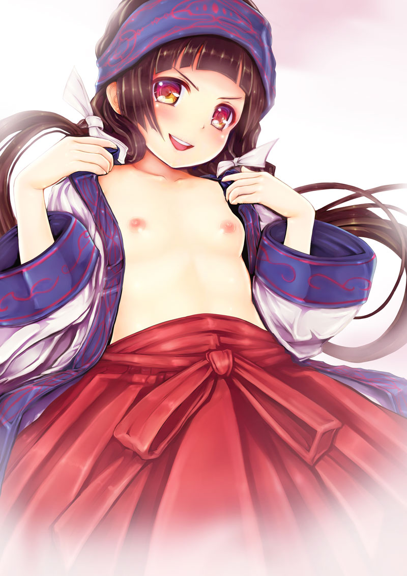 10s 1girl amayadori_machi black_hair blush breasts brown_eyes brown_hair female_focus hakama hakama_skirt headband japanese_clothes kumamiko long_hair looking_at_viewer miko naughty_face nipples open_clothes open_mouth red_eyes red_hakama skirt small_breasts solo teruru twintails