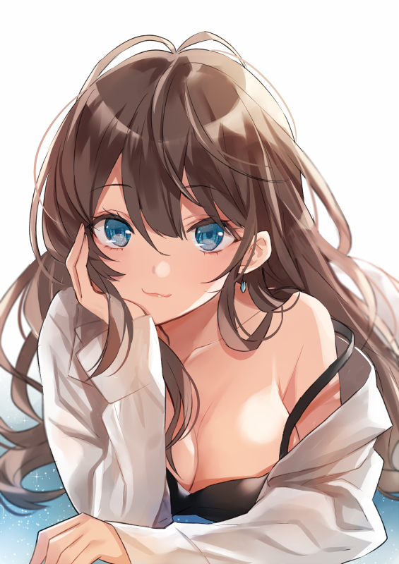 10s 1girl :3 antenna_hair bare_shoulders black_bra blue_eyes bra breasts brown_hair cleavage earrings eyelashes female_focus head_rest ichinose_shiki idolmaster idolmaster_cinderella_girls jewelry large_breasts long_hair looking_at_viewer lying off_shoulder on_stomach smile solo strap_slip underwear yuzuki_karu