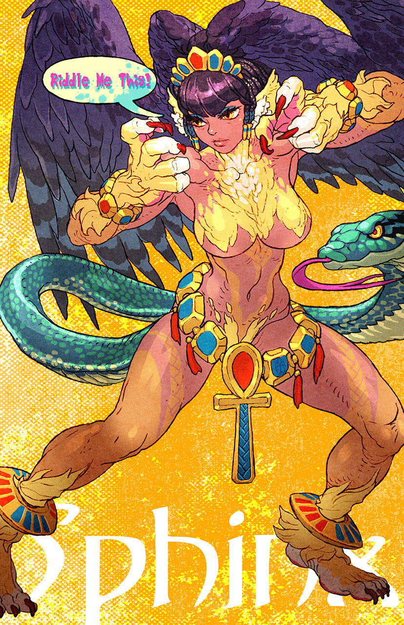 1girl ancient_egyptian_clothes animal_feet animal_hands ankh anklet black_hair blue_eyeshadow chimera dark-skinned_female dark_skin eyeshadow fighting_stance fingernails highres jewelry makeup original sharp_fingernails simple_background snake_head_tail sphinx standing tail toned toned_female yellow_background yoshikawa_tatsuya