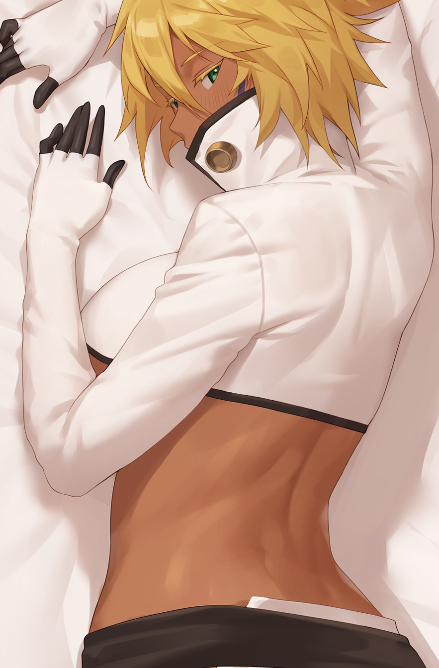 1girl back bleach blonde_hair breast_tattoo breasts colored_eyelashes cropped_jacket cuddly_octopus dakimakura_(medium) espada female_focus green_eyes highres iwbitu large_breasts looking_at_viewer lying number_tattoo on_bed on_side sidelocks tattoo tier_harribel underboob upper_body variant_set