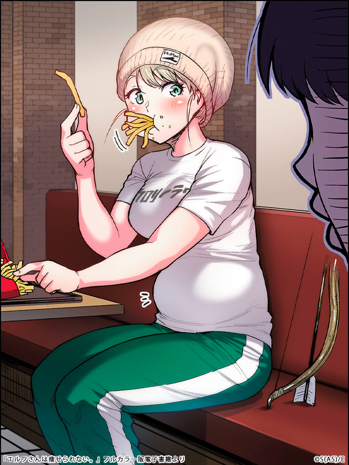 1girl aqua_eyes arrow_(projectile) beanie black_hair blonde_hair blush bow_(weapon) breasts commentary_request crumbs elf-san_wa_yaserarenai. elfuda_(elf-san_wa_yaserarenai.) feet_out_of_frame food food_in_mouth food_on_face french_fries green_pants hat holding holding_food large_breasts looking_at_another looking_to_the_side notice_lines out_of_frame pants plump shadow shirt sitting solo_focus synecdoche t-shirt table weapon white_shirt