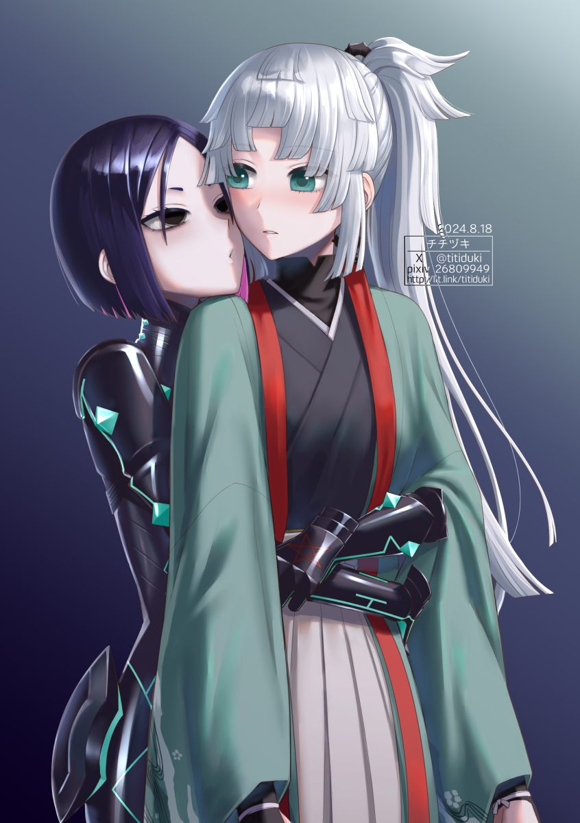 2girls black_bodysuit black_eyes black_kimono blush bodysuit breasts earrings fate/samurai_remnant fate_(series) green_eyes green_kimono grey_bodysuit hakama hakama_skirt highres hug hug_from_behind japanese_clothes jewelry kimono long_hair long_sleeves medium_breasts multiple_girls neon_trim parted_bangs ponytail purple_hair short_hair sidelocks skirt titiduki_(manman-ya) two-tone_bodysuit ushi_gozen_(fate) ushi_gozen_(rider)_(fate) white_hair white_hakama wide_sleeves yui_shousetsu_(fate)