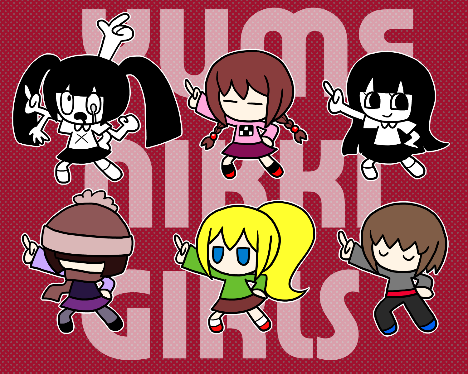 6+girls black_hair blonde_hair blue_eyes braid brown_hair closed_eyes green_shirt hat highres kamakurako madotsuki mafurako monoe monoko multiple_girls pink_shirt poniko ponytail scarf shirt twin_braids twintails yume_nikki