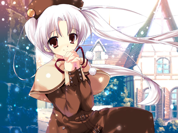 1girl beret brown_dress brown_eyes brown_hat buckle capelet closed_mouth dress happy hat long_hair long_sleeves looking_at_viewer mikeou original outdoors own_hands_clasped own_hands_together pom_pom_(clothes) red_ribbon ribbon snowing solo twintails white_hair wind winter_clothes