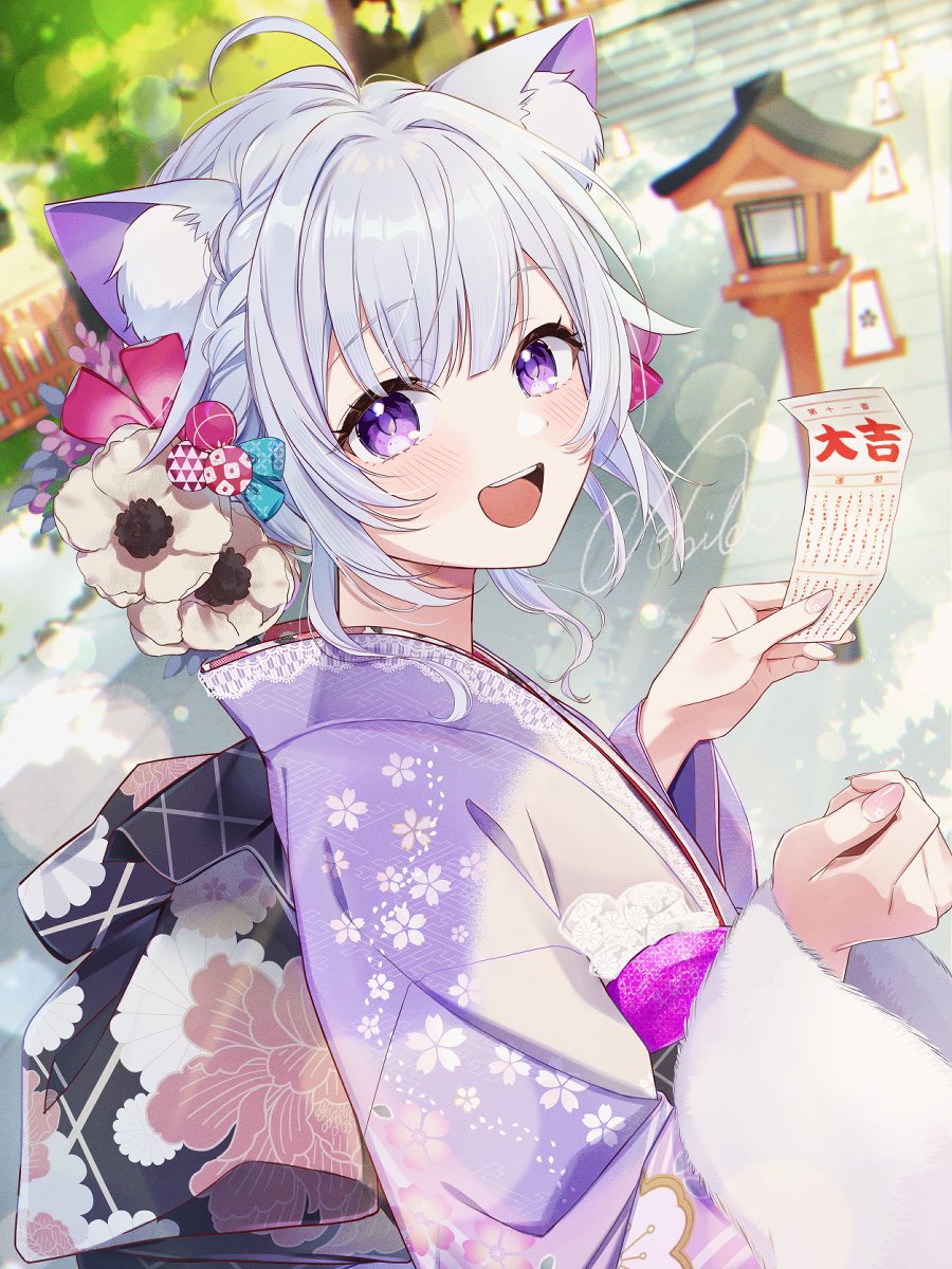 1girl animal_ears blush cat_ears flower fur-trimmed_kimono fur_trim hair_between_eyes hair_flower hair_ornament hair_ribbon highres indie_virtual_youtuber japanese_clothes kimono kitokito_tokito long_sleeves looking_at_viewer open_mouth pink_ribbon purple_eyes purple_kimono ribbon shishiro_azuki smile solo virtual_youtuber white_hair