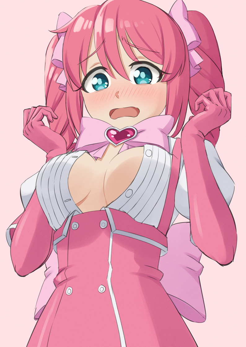 1girl blue_eyes blush bow breasts breasts_apart drill_hair easy_(aqk7bdqt) elbow_gloves gloves hanabishi_haruka heart-shaped_gem magia_magenta magical_girl mahou_shoujo_ni_akogarete medium_breasts nose_blush open_mouth partially_unbuttoned pink_bow pink_gloves pink_hair pink_skirt skirt solo twin_drills