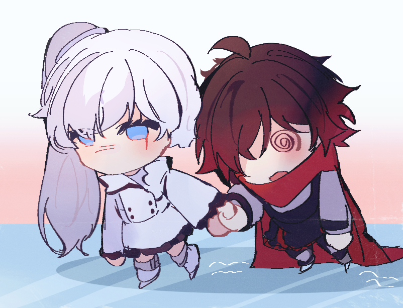 2girls @_@ akane031 black_hair blush cape chibi dizzy holding_hands ice_skates ice_skating multiple_girls one_eye_closed ponytail red_cape red_hair ruby_rose rwby scar scar_across_eye short_hair skates skating weiss_schnee white_hair yuri