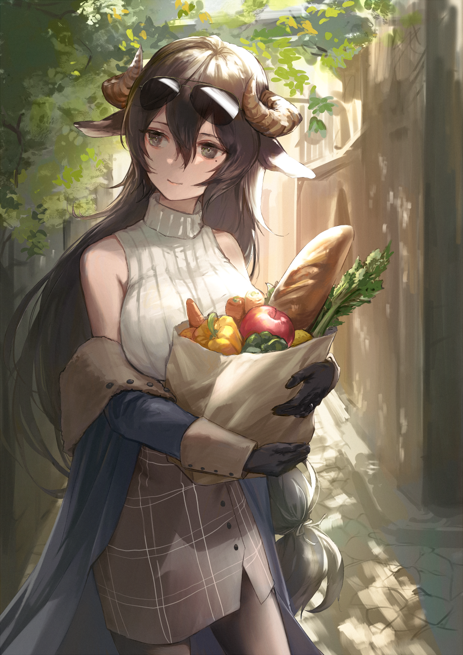 1girl alley animal_ears apple bag baguette baicha_oqqa bare_shoulders bell_pepper black_gloves black_pantyhose borrowed_character bread breasts brown_hair brown_skirt closed_mouth coat coat_partially_removed cobblestone commission dappled_sunlight day double-parted_bangs eyewear_on_head foliage food fruit gloves grey_coat grey_eyes groceries hair_between_eyes halterneck highres holding holding_bag horns large_breasts long_hair long_sleeves looking_to_the_side low-tied_long_hair mole mole_under_eye original outdoors pantyhose paper_bag pencil_skirt plaid_clothes plaid_skirt ribbed_shirt second-party_source sheep_ears sheep_horns shirt skirt smile solo standing sunglasses sunlight turtleneck turtleneck_shirt two-handed white_shirt