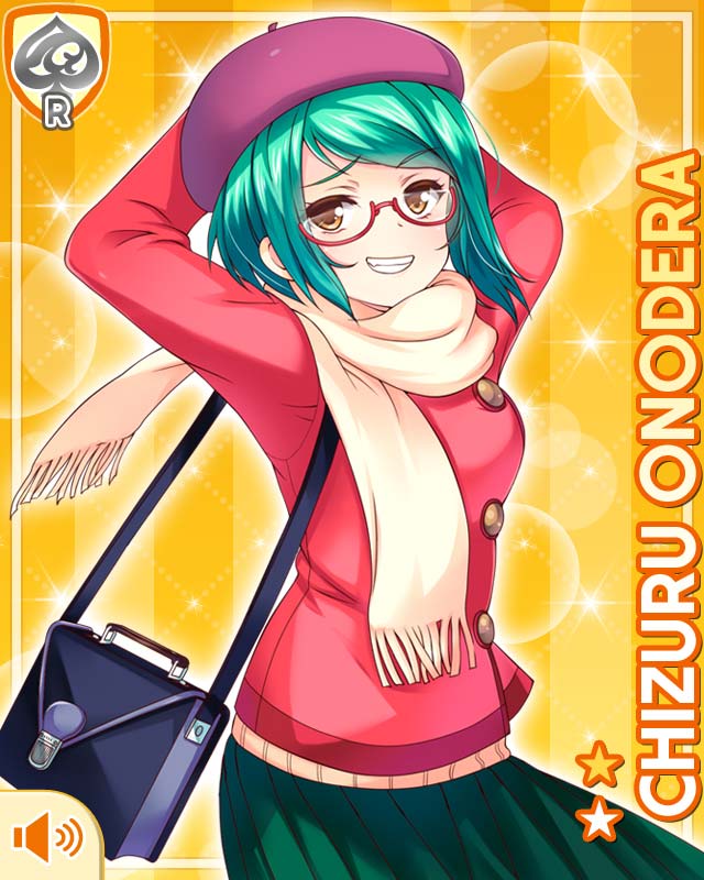 1girl arms_behind_head arms_up beret brown_eyes card_(medium) closed_mouth girlfriend_(kari) glasses green_hair grin hairband hat jacket official_art onodera_chizuru pink_jacket pink_shirt handbag qp:flapper red-framed_eyewear scarf shirt short_hair skirt smile socks solo sweater teal_skirt winter_clothes yellow_background yellow_sweater