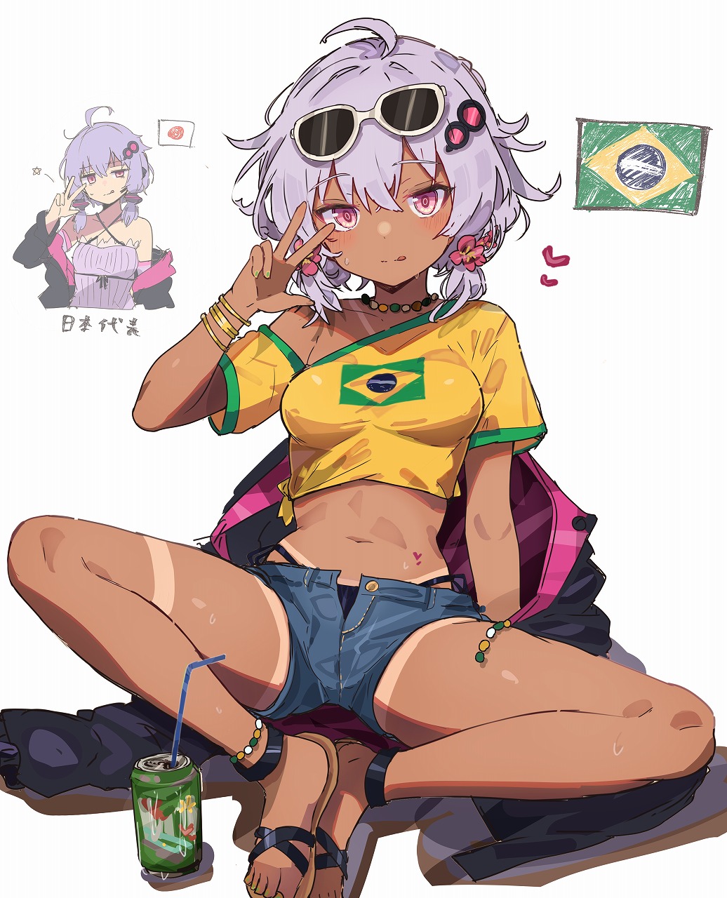 1girl ahoge bead_necklace beads black_jacket brazilian_flag brazilian_flag_print brazilian_miku can commentary_request cosplay cropped_shirt cross-laced_sandals dark-skinned_female dark_skin denim denim_shorts double-parted_bangs drink_can flag_print flower full_body hair_flower hair_ornament hatsune_miku hatsune_miku_(cosplay) heart highres jacket jewelry kujira_hebi midriff navel necklace off-shoulder_shirt off_shoulder pink_flower shirt short_hair shorts sitting spread_legs sunglasses tan tanline tongue tongue_out unworn_jacket voiceroid w white_background yellow_shirt yuzuki_yukari