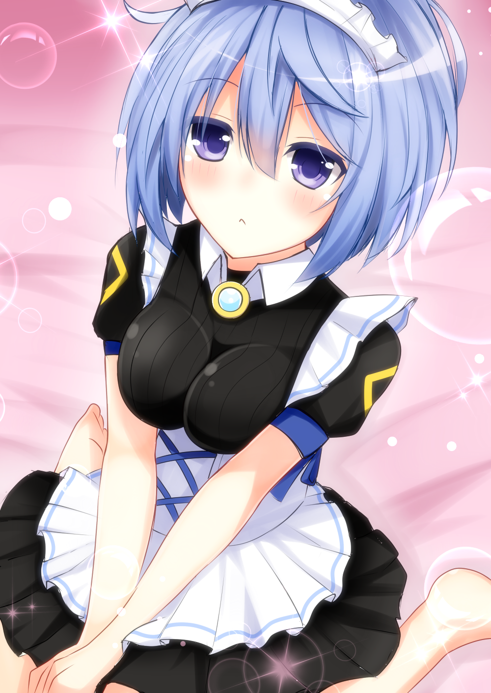 1girl alternate_costume blue_eyes blue_hair blush breasts enmaided female_focus flower_knight_girl frills frown haru_blanc0316 highres ipheion_(flower_knight_girl) maid maid_headdress short_hair solo