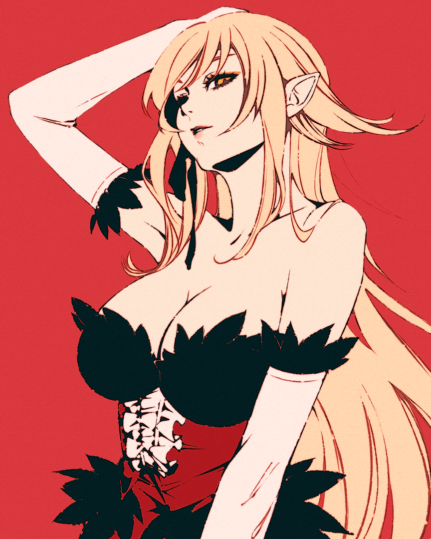 1girl bare_shoulders blonde_hair breasts dress elbow_gloves gloves kiss-shot_acerola-orion_heart-under-blade large_breasts long_hair monogatari_(series) moshimoshibe oshino_shinobu pointy_ears red_background red_dress straight_hair vampire very_long_hair yellow_eyes