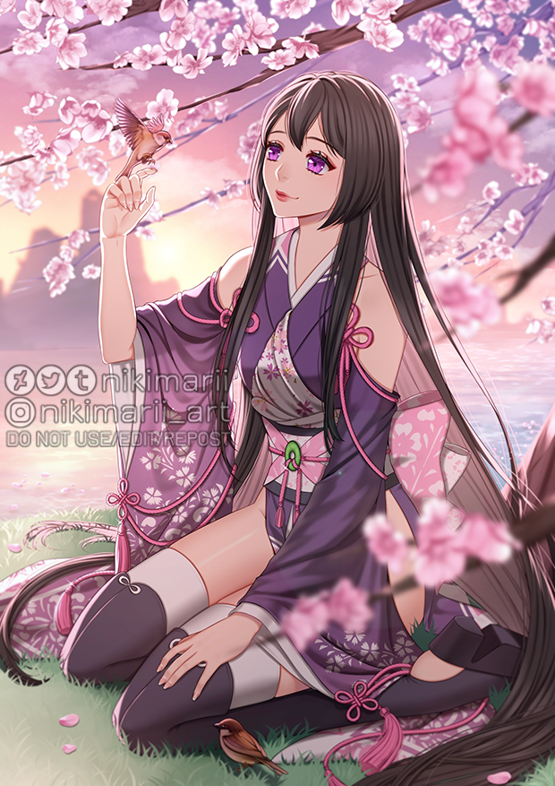 1girl artist_name bird bird_on_hand black_hair breasts cherry_blossoms commentary detached_sleeves deviantart_logo english_commentary eyeshadow flower instagram_logo japanese_clothes kimono long_hair looking_up makeup nikimarii original pink_flower purple_eyes purple_kimono purple_thighhighs red_eyeshadow red_lips seiza sitting sky sleeveless sleeveless_kimono small_breasts smile solo sunrise thighhighs tumblr_logo twitter_logo very_long_hair water watermark