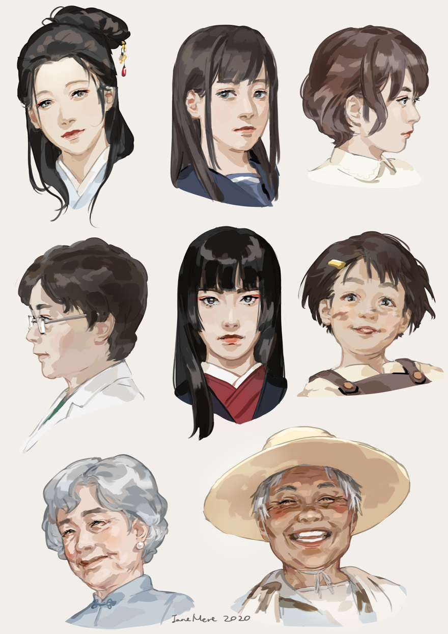 2020 6+girls artist_name black_hair black_overalls blue_hanfu blue_sailor_collar blue_shirt blunt_bangs brown_hair child chinese_clothes chinese_commentary chinese_hairpin collared_shirt collared_vest commentary_request cropped_shoulders dark-skinned_female dark_skin earrings expressionless eyelashes eyeshadow glasses grey_eyes grey_hair grey_vest hair_bun hair_ornament hairclip half_updo hanfu hat highres hime_cut jane_mere japanese_clothes jewelry kimono lab_coat lapels light_blush light_smile lipstick long_hair looking_to_the_side makeup multiple_girls notched_lapels old old_woman open_clothes open_mouth open_vest original overalls parted_lips pink_eyeshadow pink_lips red_eyeshadow red_kimono red_lips sailor_collar shirt short_hair simple_background single_hair_bun smile sphere_earrings straight_hair straw_hat tangzhuang teeth thick_eyebrows vest white_background white_shirt wrinkled_skin yellow_hat