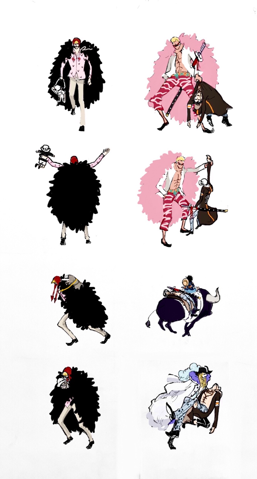 5boys aged_down animal black_cape black_coat blonde_hair brothers cape carrying carrying_person cavendish chest_tattoo coat commentary_request donquixote_doflamingo donquixote_rocinante full_body hat hat_feather highres holding holding_sword holding_weapon hood horns monkey_d._luffy multiple_boys one_piece pink_cape princess_carry rai_00_k2 short_hair siblings simple_background straw_hat sword tattoo trafalgar_law weapon white_background white_hat